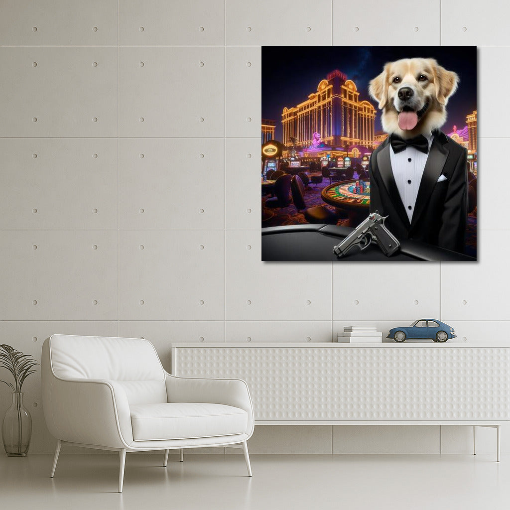 Canine Agent 007: Stylish Dog in a Tuxedo with a Gun in a Casino