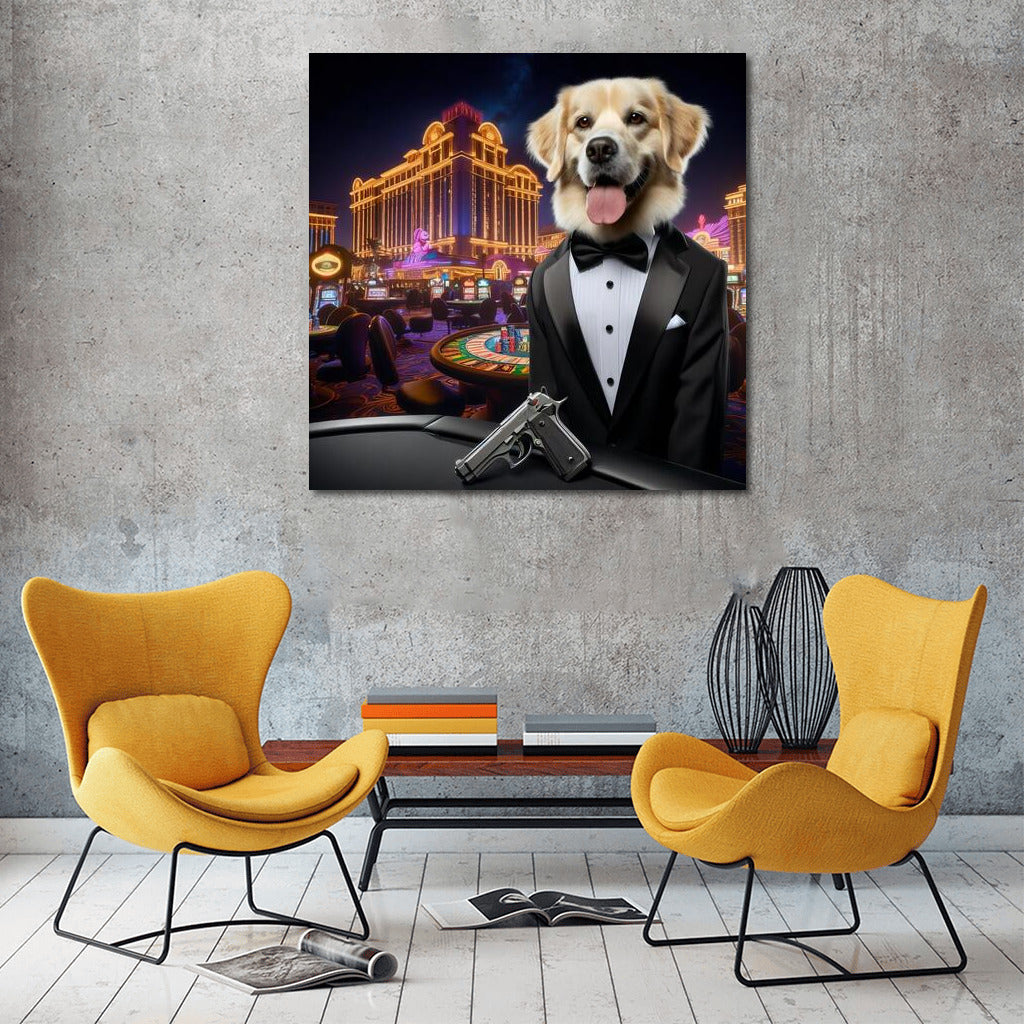 Canine Agent 007: Stylish Dog in a Tuxedo with a Gun in a Casino