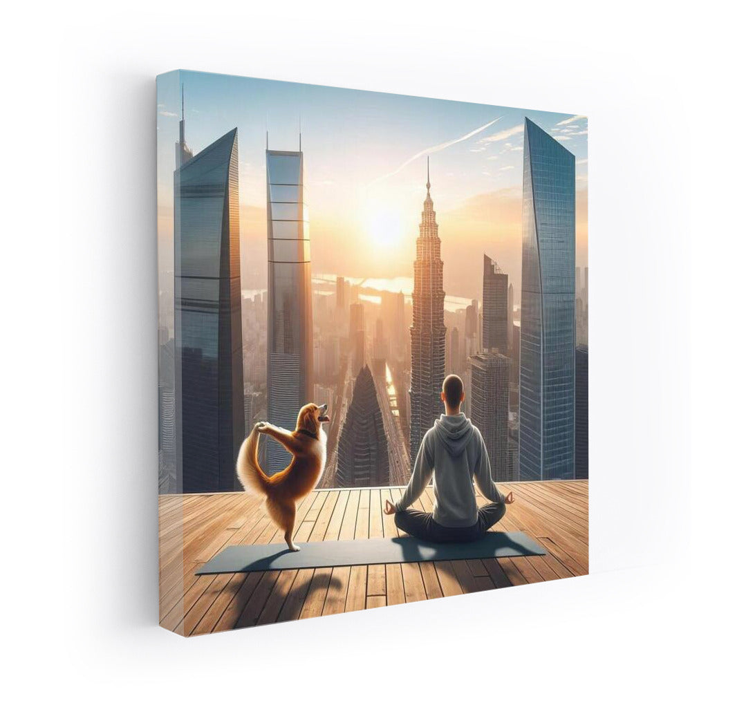 Meditation in the City: Hero and Dog Against the Background of Skyscrapers