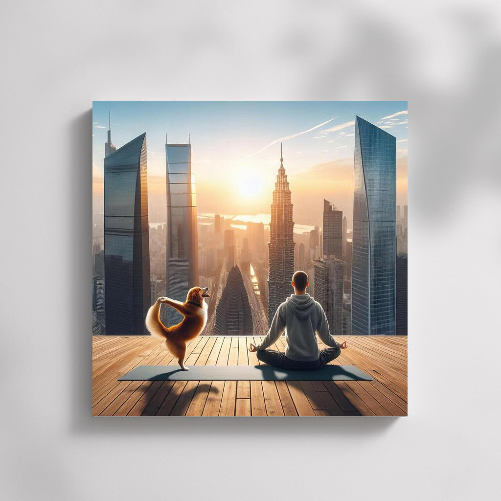 Meditation in the City: Hero and Dog Against the Background of Skyscrapers
