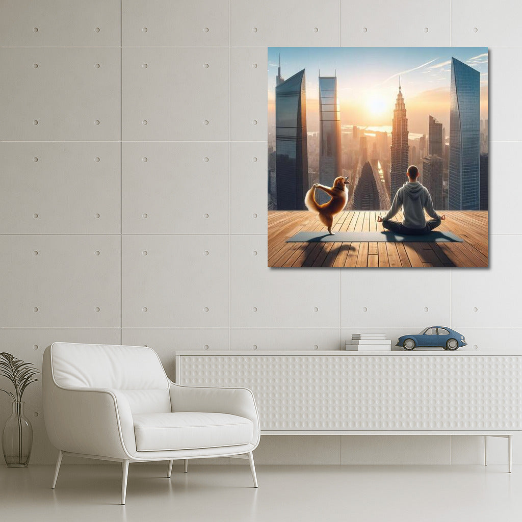 Meditation in the City: Hero and Dog Against the Background of Skyscrapers