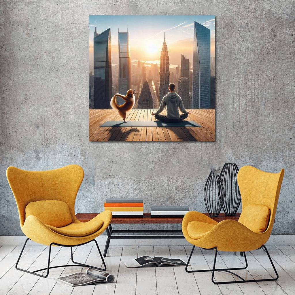 Meditation in the City: Hero and Dog Against the Background of Skyscrapers