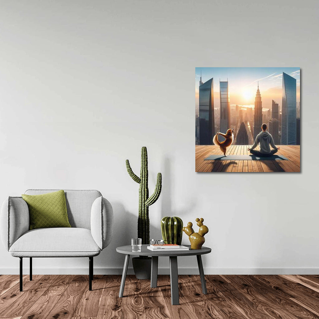 Meditation in the City: Hero and Dog Against the Background of Skyscrapers