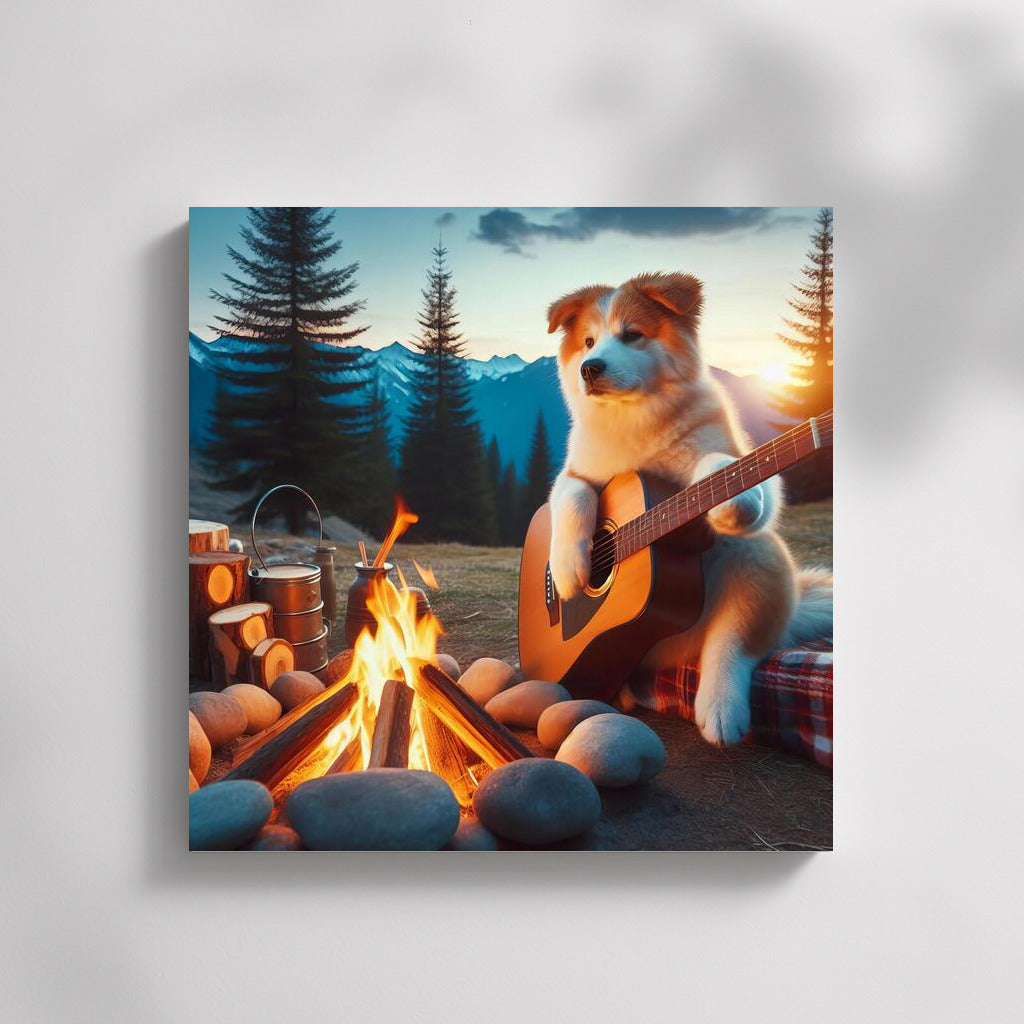 Fluffy Musician at the Mountain Campfire: Cozy Landscape for Your Home