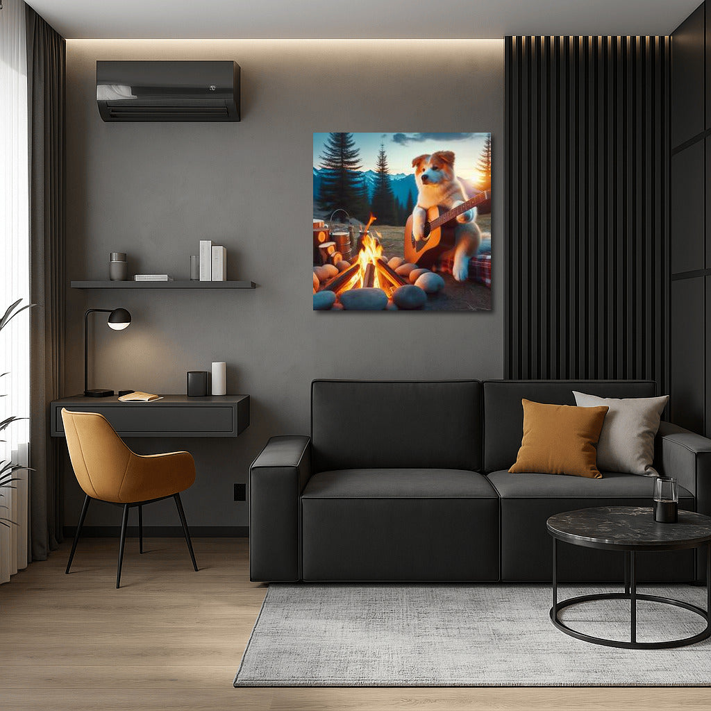 Fluffy Musician at the Mountain Campfire: Cozy Landscape for Your Home