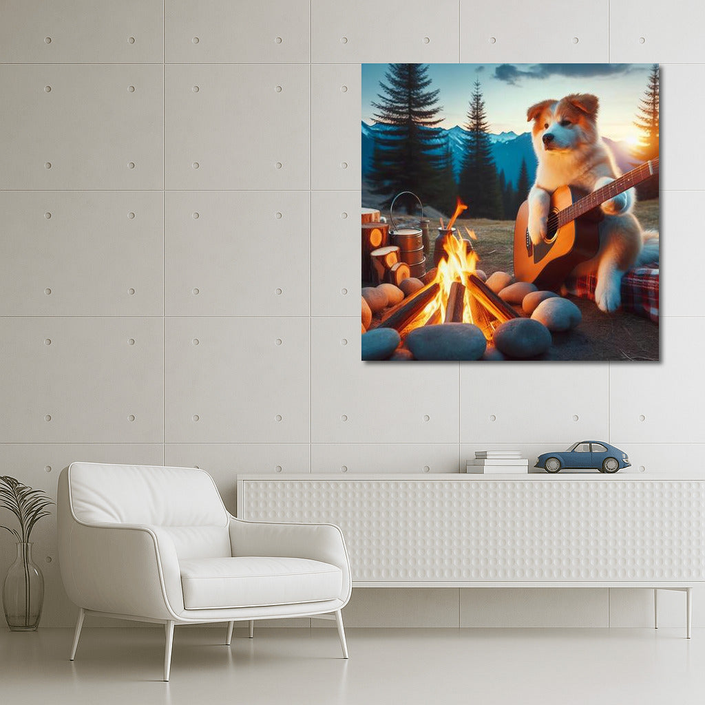 Fluffy Musician at the Mountain Campfire: Cozy Landscape for Your Home