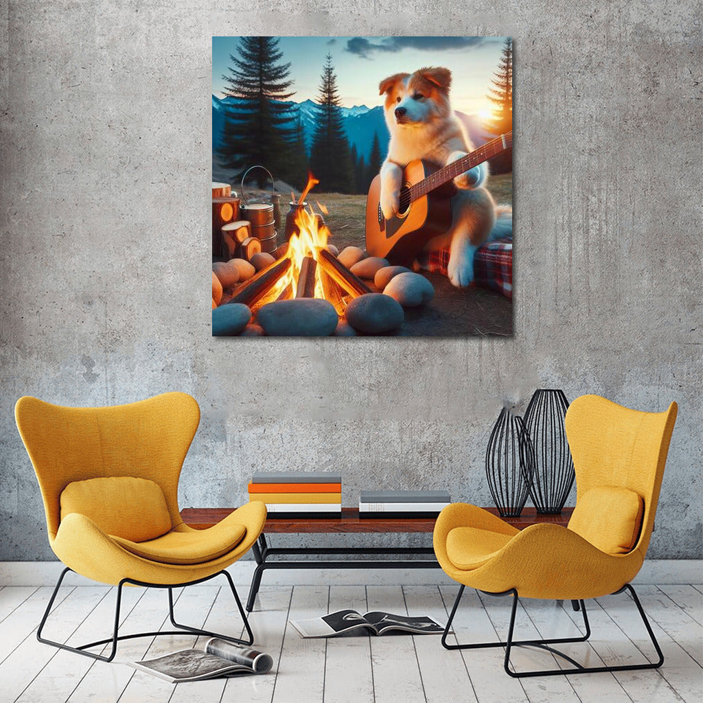 Fluffy Musician at the Mountain Campfire: Cozy Landscape for Your Home