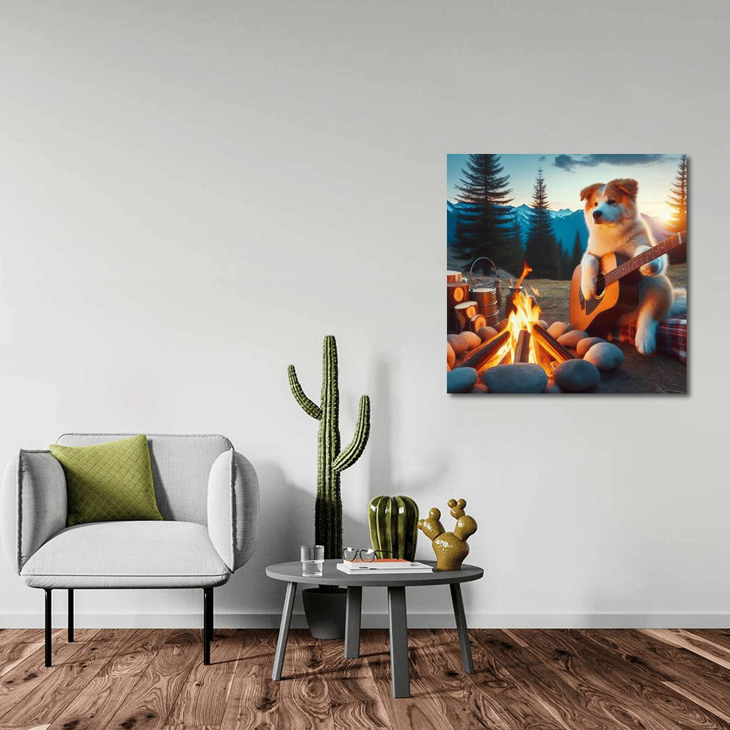 Fluffy Musician at the Mountain Campfire: Cozy Landscape for Your Home
