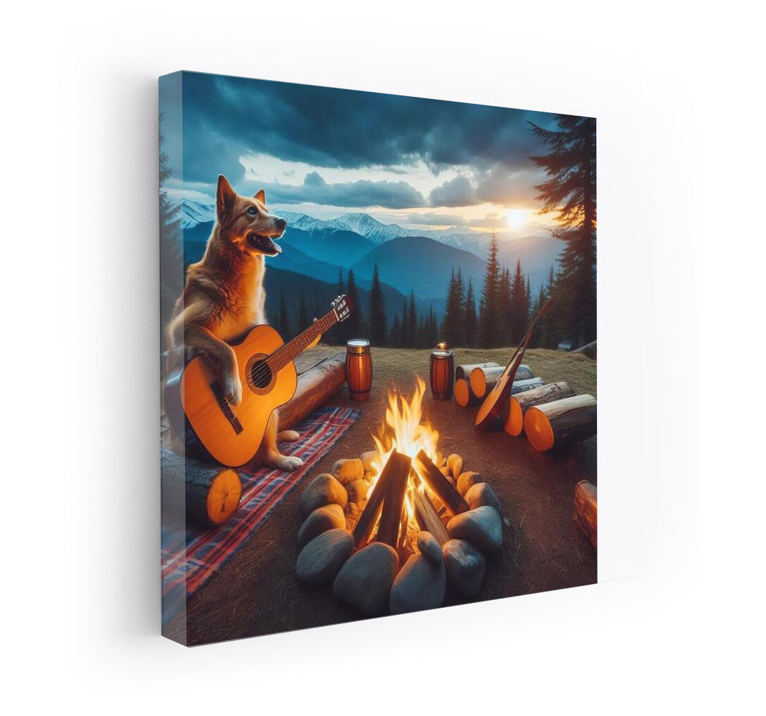 Star Serenade: Dog with Guitar by the Fire for Comfort and Inspiration