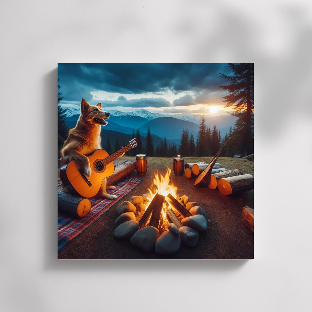 Star Serenade: Dog with Guitar by the Fire for Comfort and Inspiration