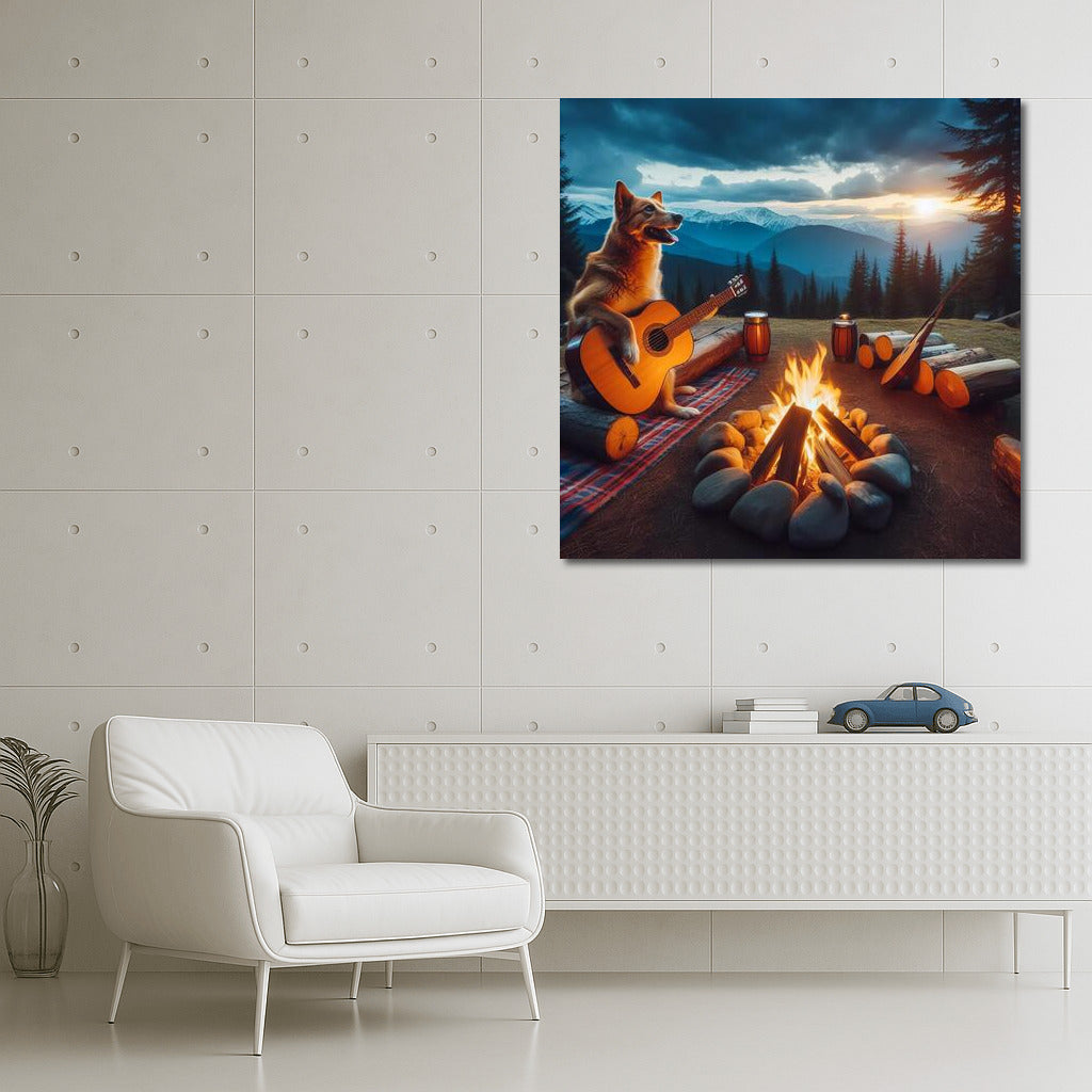 Star Serenade: Dog with Guitar by the Fire for Comfort and Inspiration