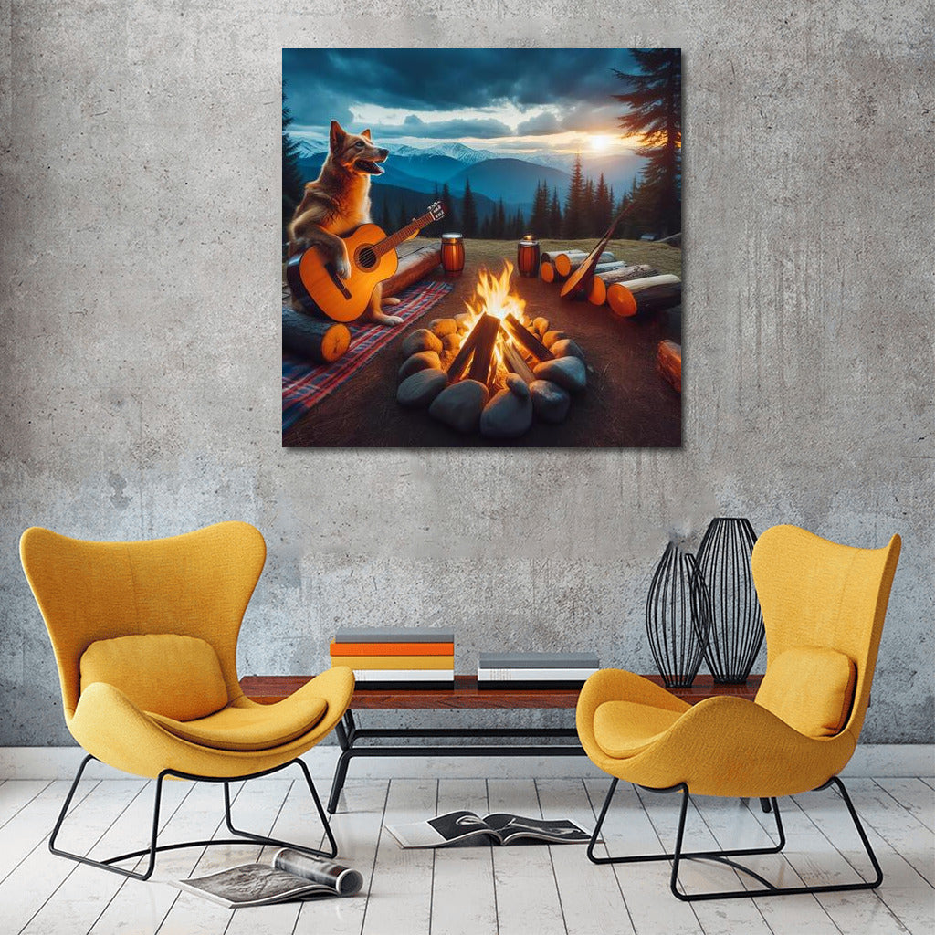 Star Serenade: Dog with Guitar by the Fire for Comfort and Inspiration