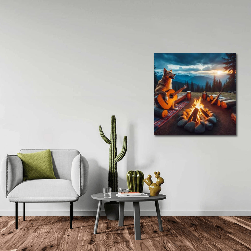 Star Serenade: Dog with Guitar by the Fire for Comfort and Inspiration