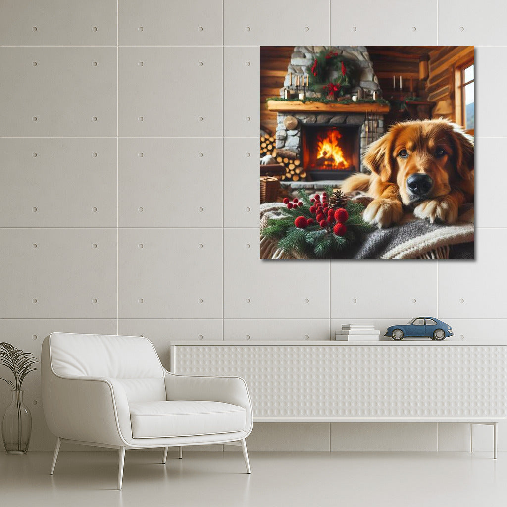 Warm Evening: Adorable Dog by the Fireplace for Coziness in the House