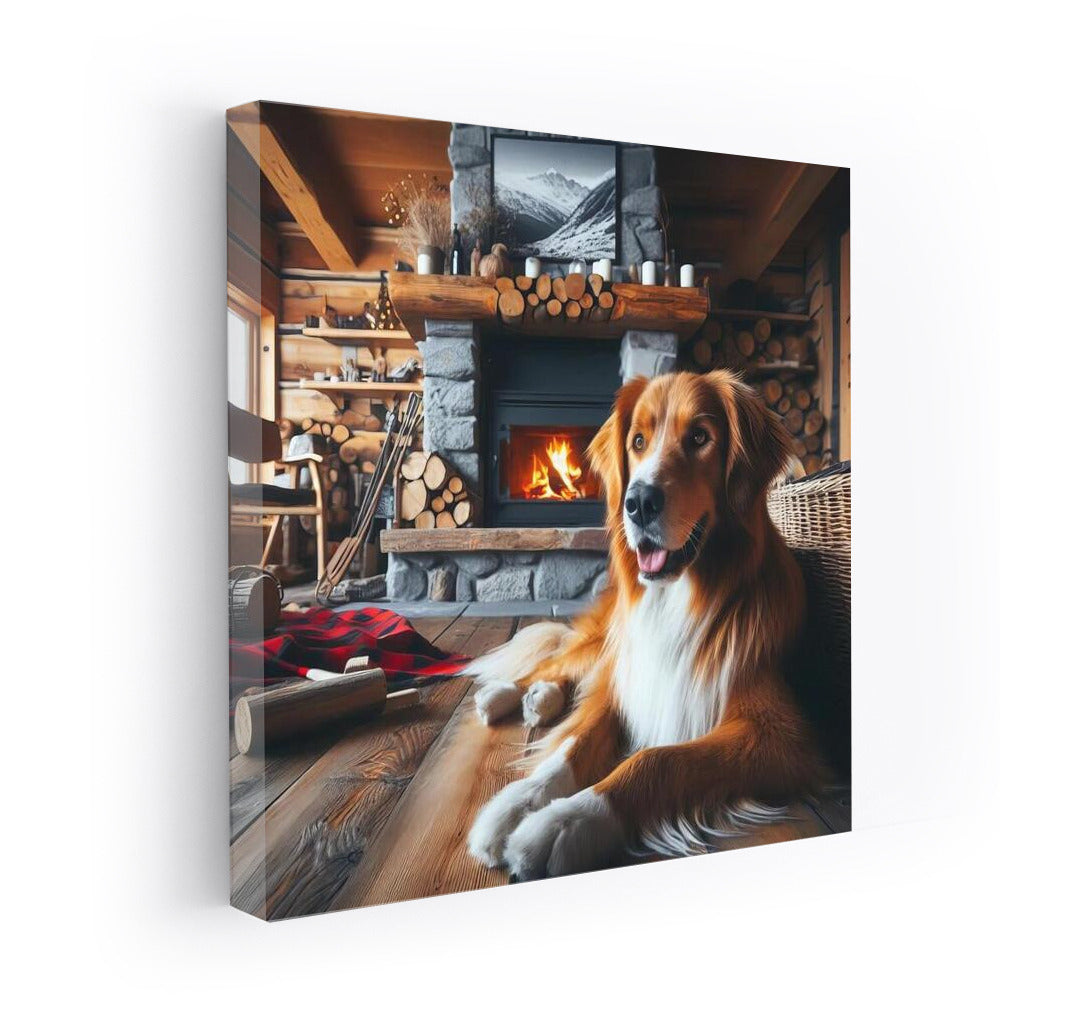 Winter Evening: Dog by the Fireplace in a Cozy Interior