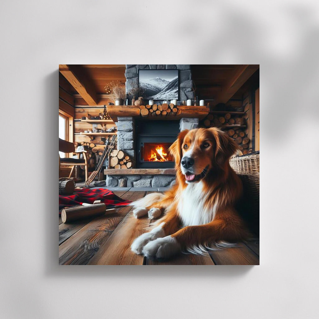 Winter Evening: Dog by the Fireplace in a Cozy Interior