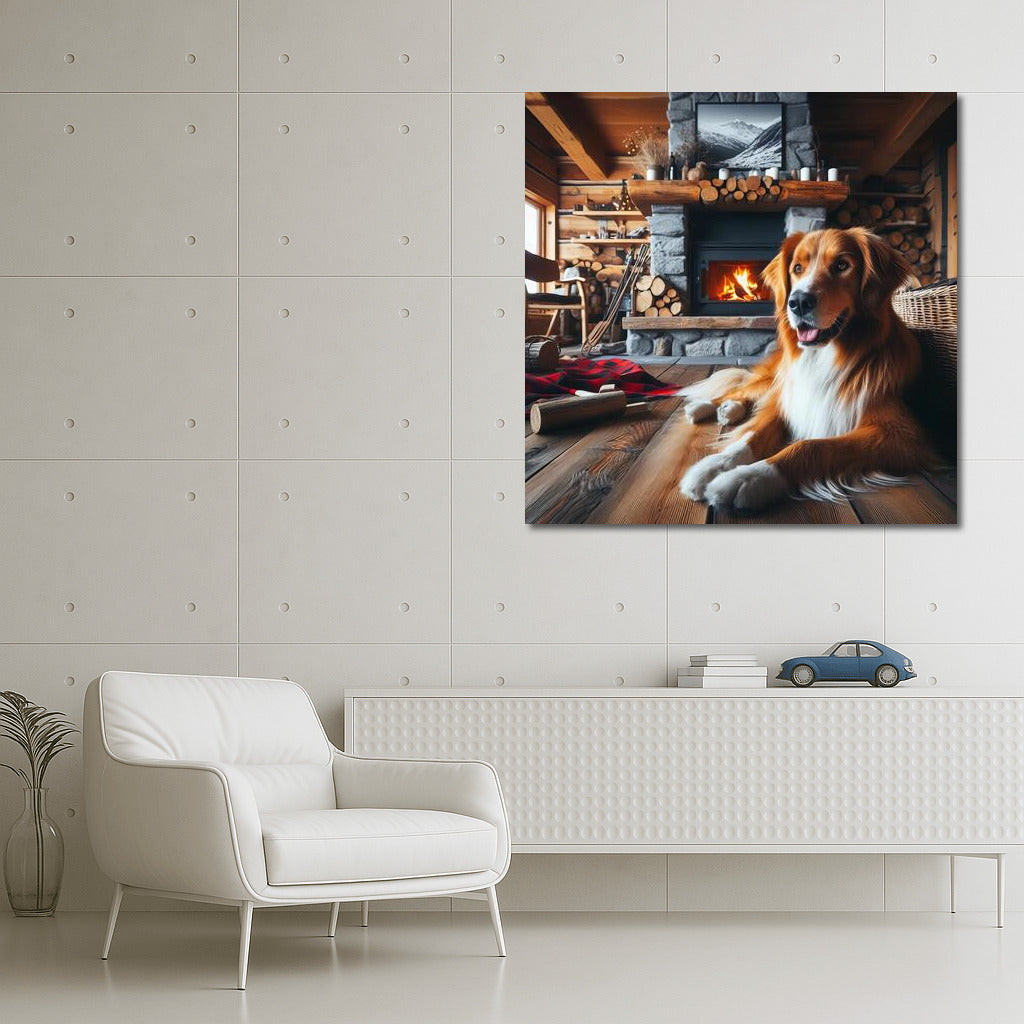 Winter Evening: Dog by the Fireplace in a Cozy Interior