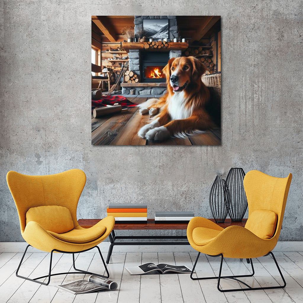 Winter Evening: Dog by the Fireplace in a Cozy Interior