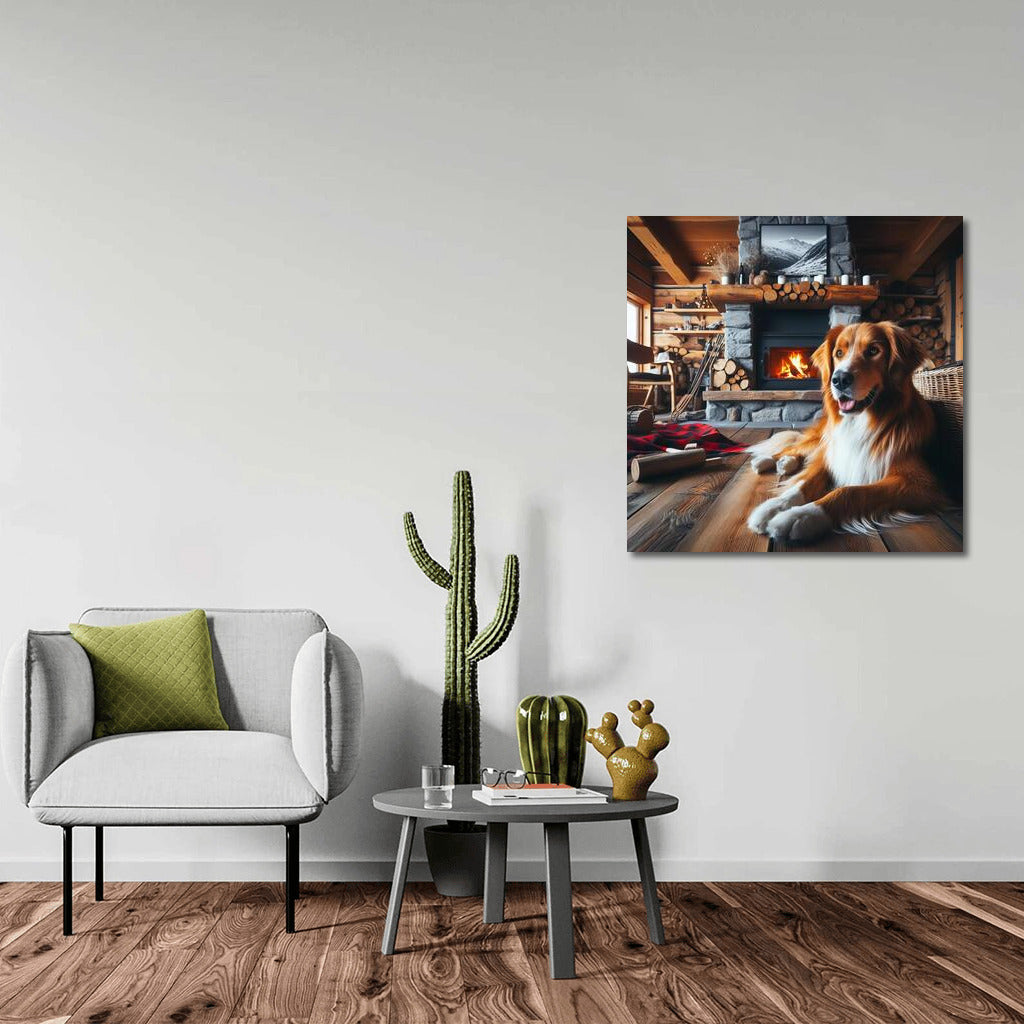 Winter Evening: Dog by the Fireplace in a Cozy Interior