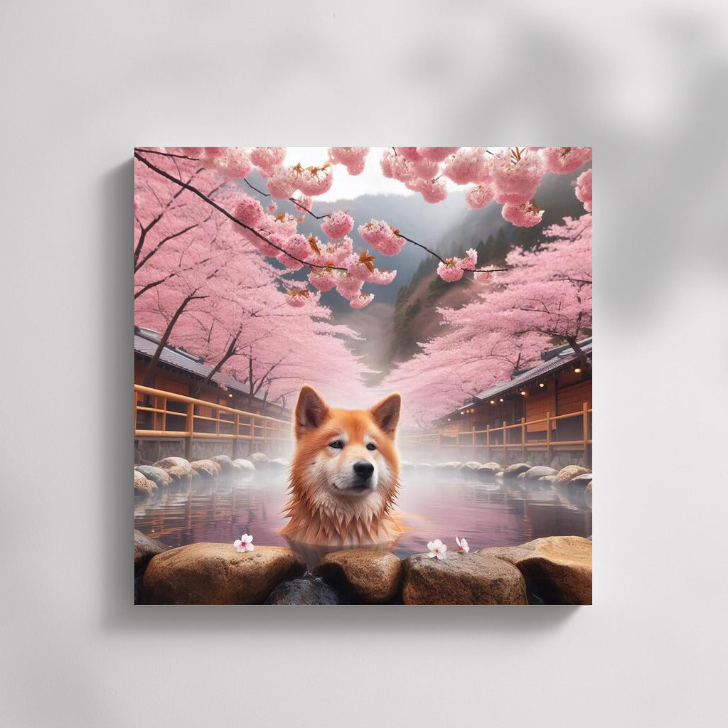 Japanese Spring: Dog in Hot Springs Among Cherry Blossoms