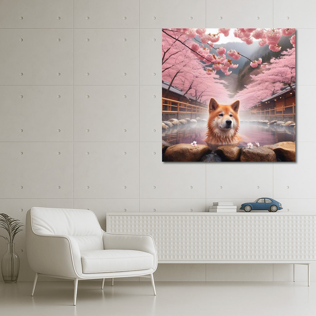 Japanese Spring: Dog in Hot Springs Among Cherry Blossoms