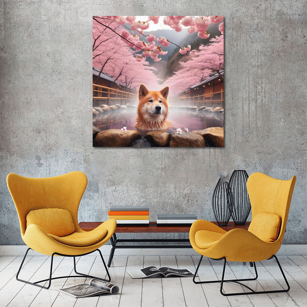 Japanese Spring: Dog in Hot Springs Among Cherry Blossoms