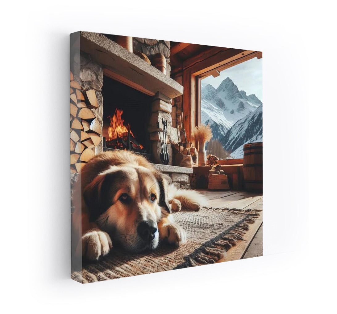 Alpine Hut Warmth: Cozy Fireside with a Trusty Friend