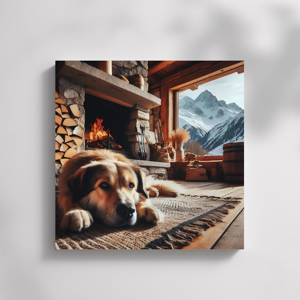 Alpine Hut Warmth: Cozy Fireside with a Trusty Friend
