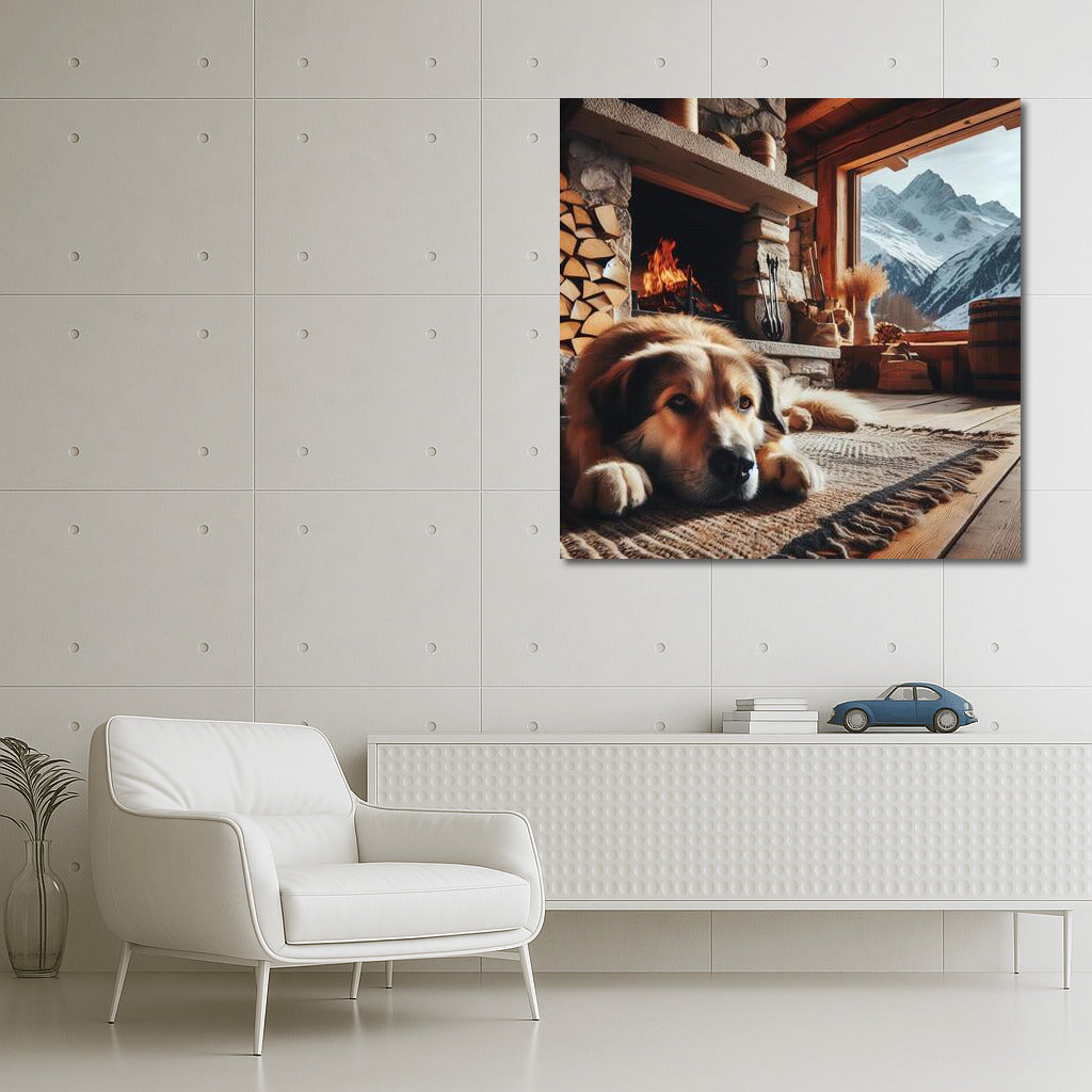 Alpine Hut Warmth: Cozy Fireside with a Trusty Friend