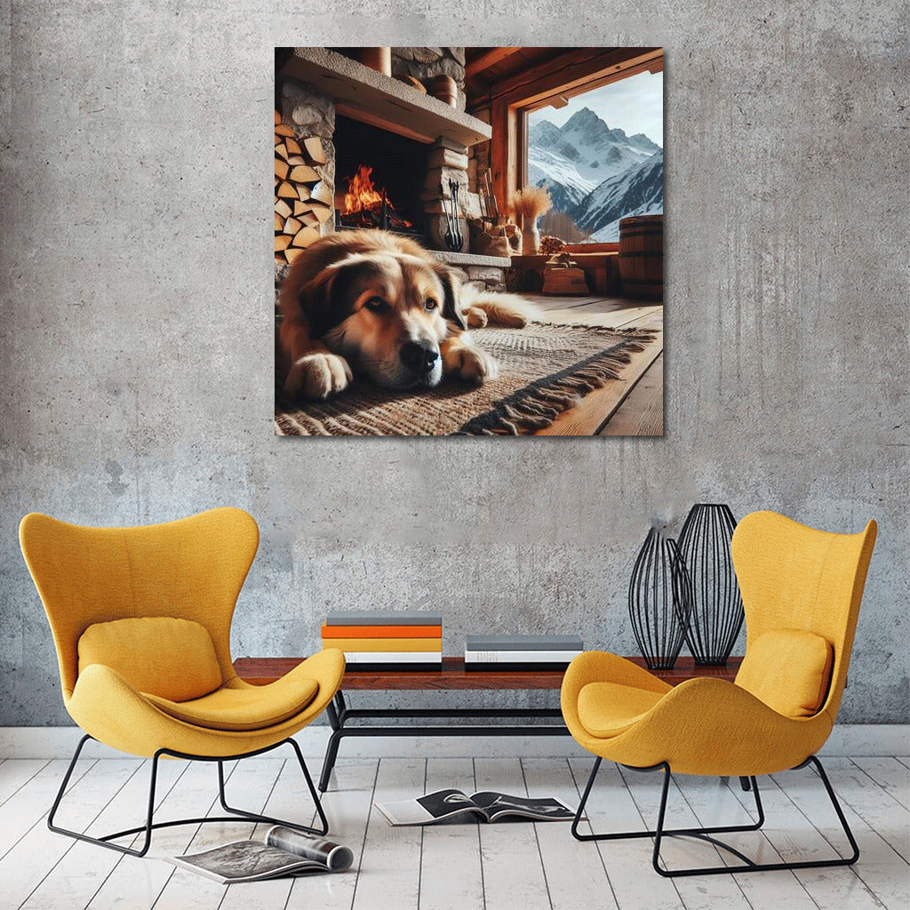 Alpine Hut Warmth: Cozy Fireside with a Trusty Friend