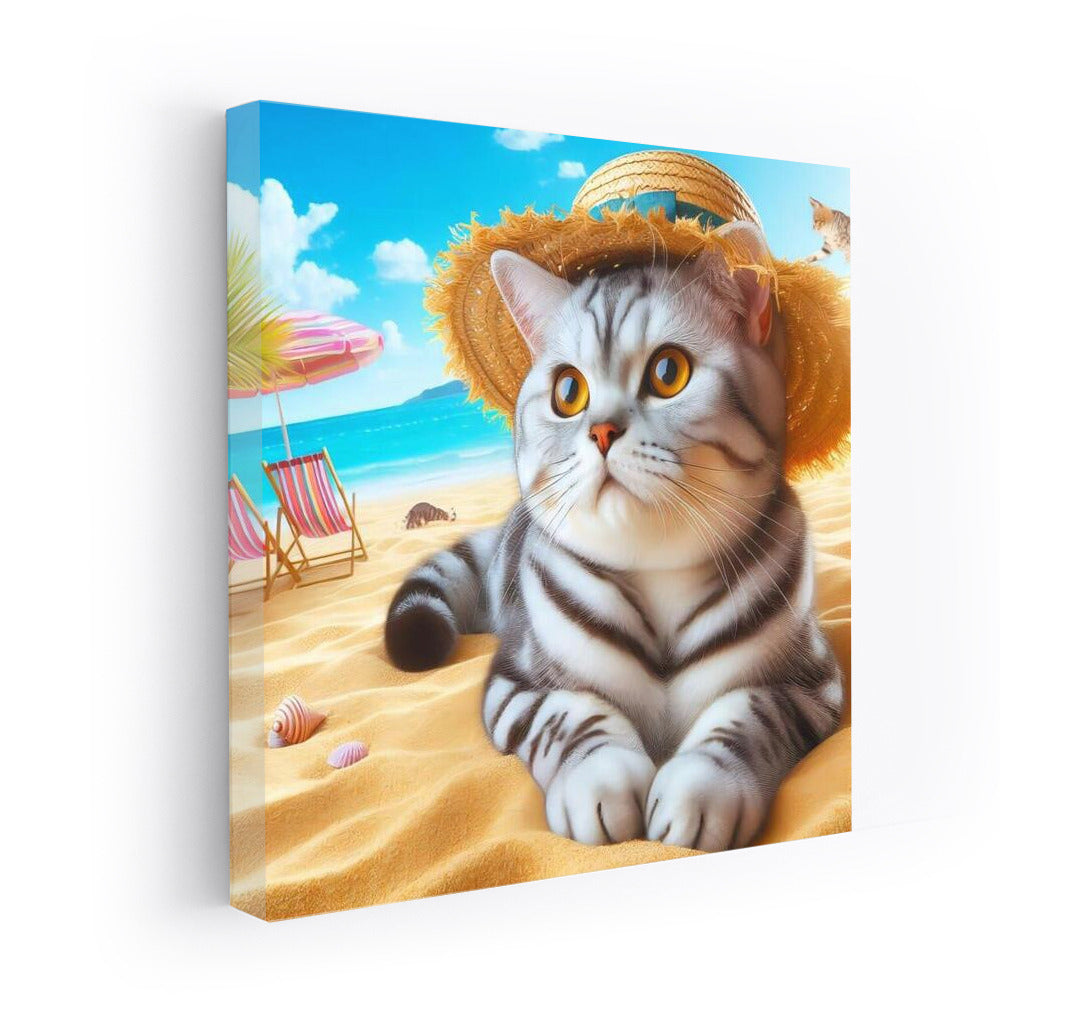 Fluffy Cat in a Hat on the Summer Beach