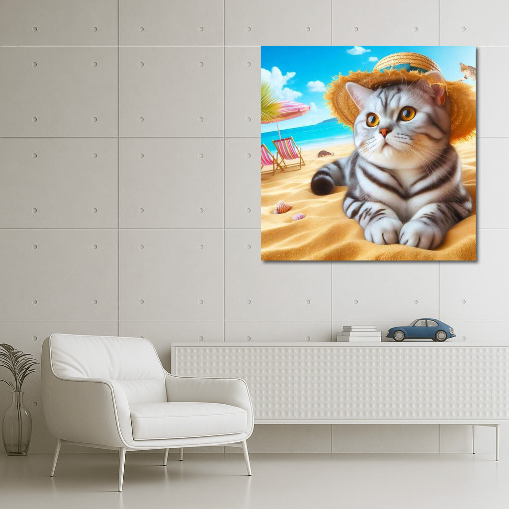 Fluffy Cat in a Hat on the Summer Beach