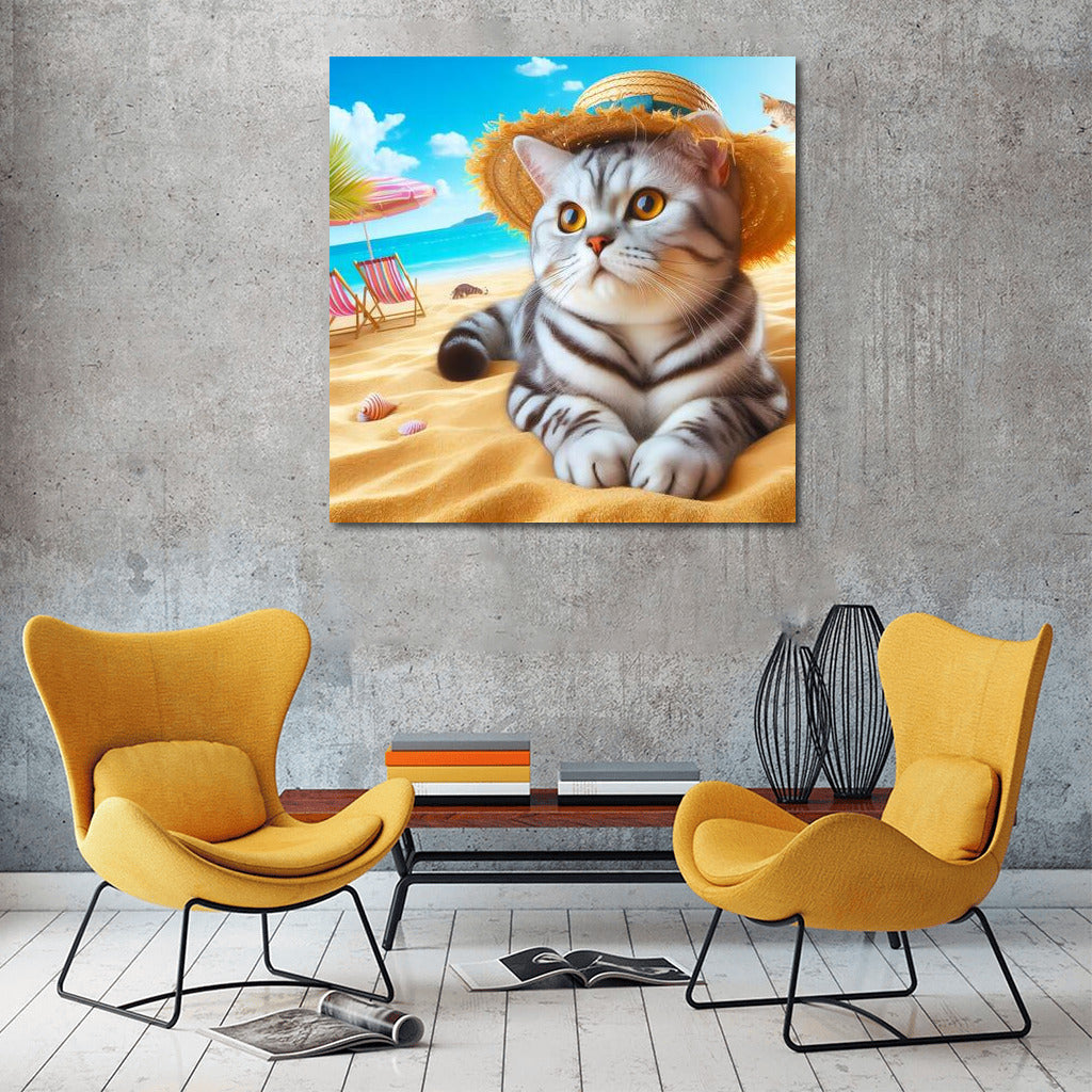 Fluffy Cat in a Hat on the Summer Beach