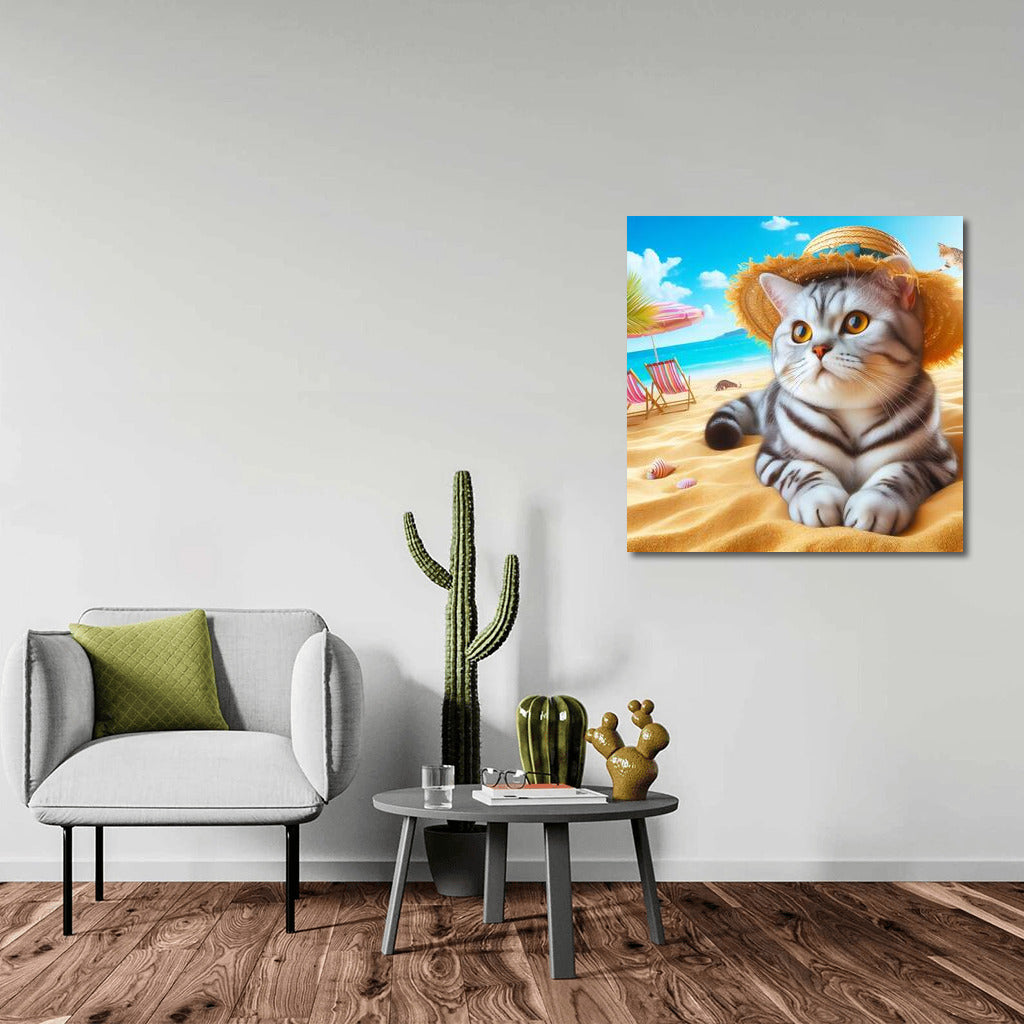 Fluffy Cat in a Hat on the Summer Beach