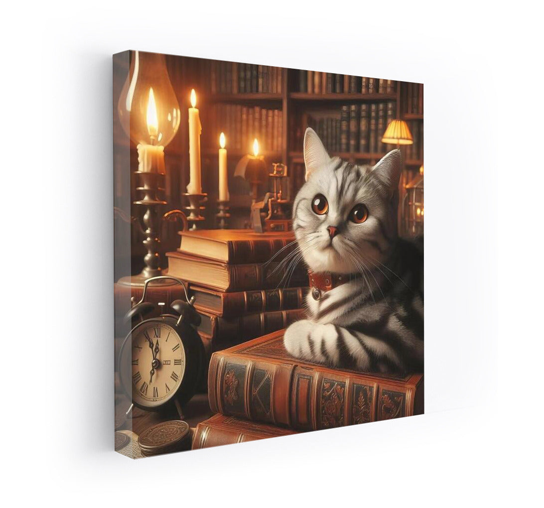 Cat in the Warmth of Lamps and Books: A Cozy World of Wall Decor