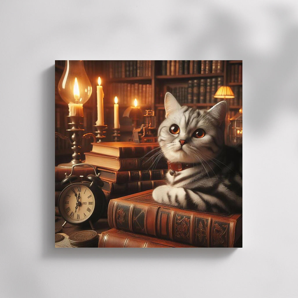 Cat in the Warmth of Lamps and Books: A Cozy World of Wall Decor