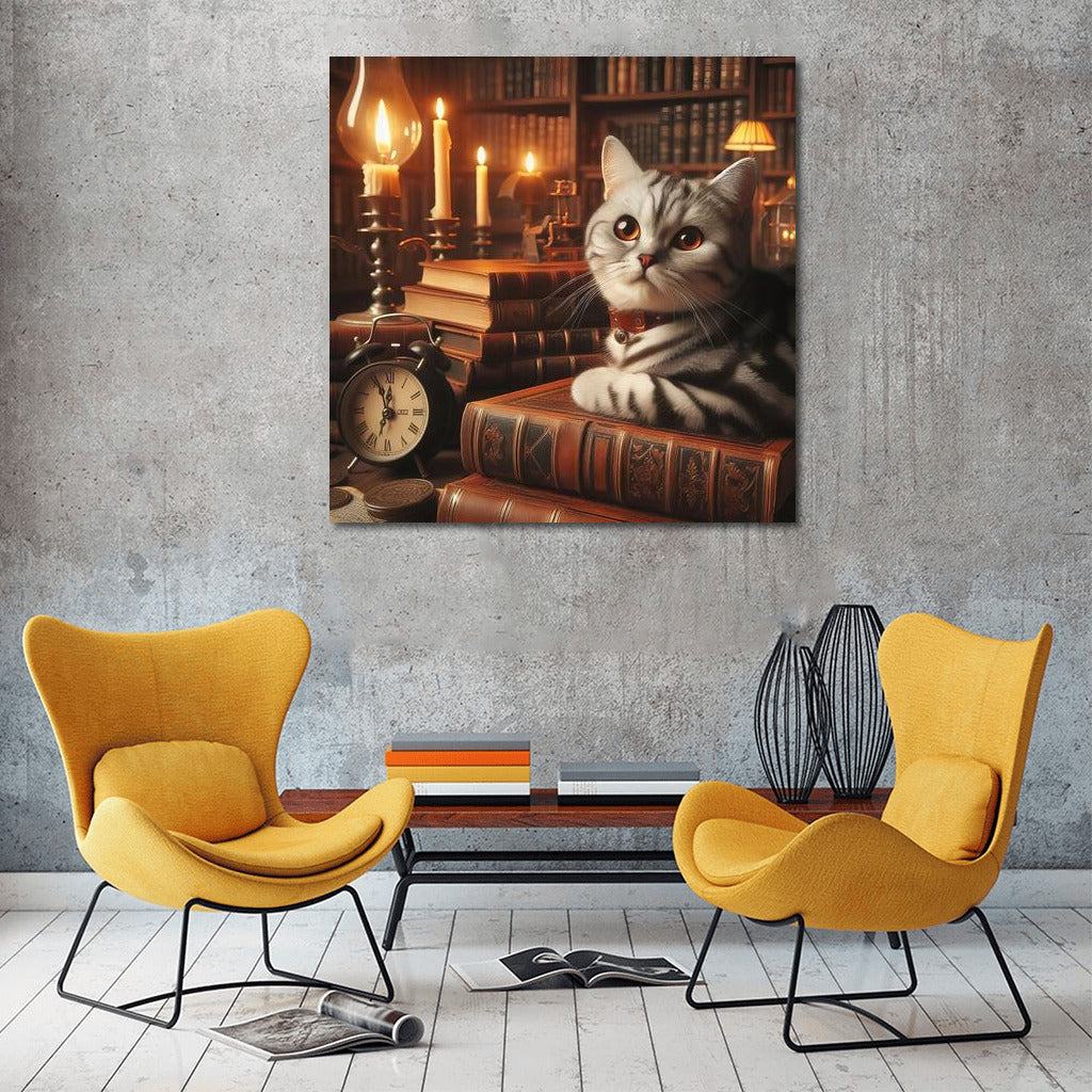 Cat in the Warmth of Lamps and Books: A Cozy World of Wall Decor
