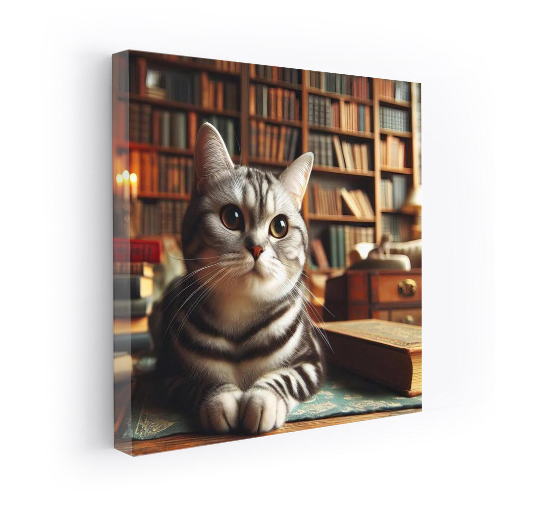 Reading Cat in a Cozy Library: Perfect Home Decoration