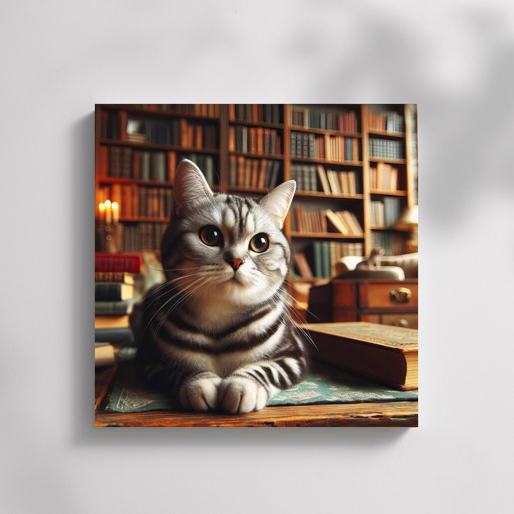 Reading Cat in a Cozy Library: Perfect Home Decoration