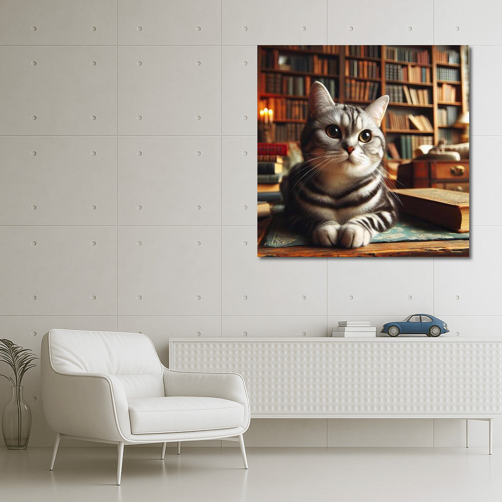 Reading Cat in a Cozy Library: Perfect Home Decoration