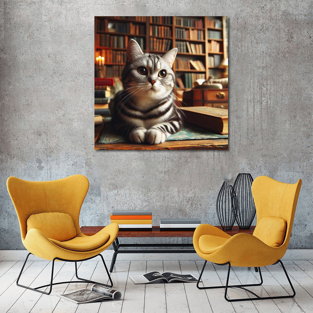Reading Cat in a Cozy Library: Perfect Home Decoration