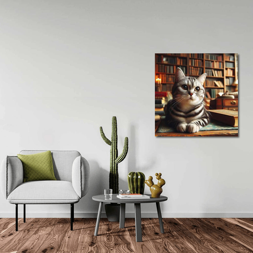Reading Cat in a Cozy Library: Perfect Home Decoration