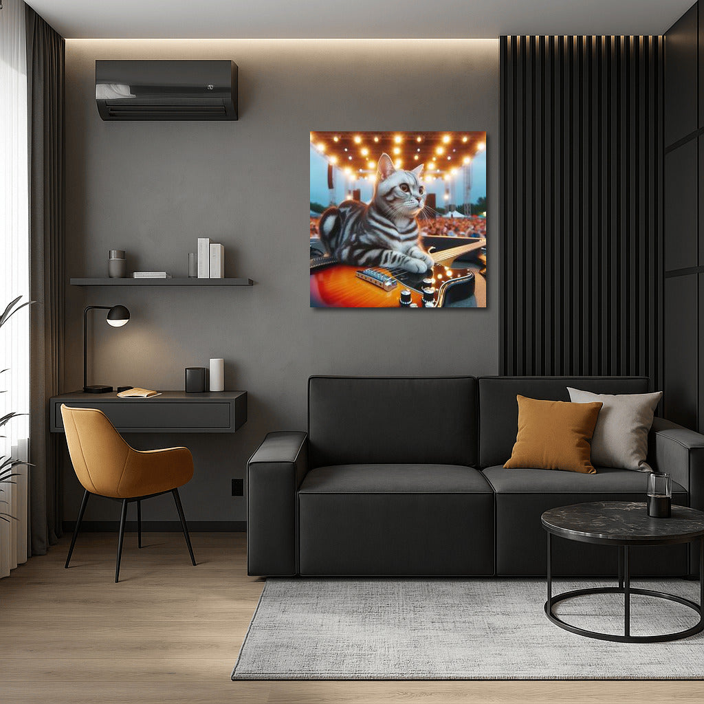Rocker Cat on Stage: Charisma and a Guitar for Your Interior