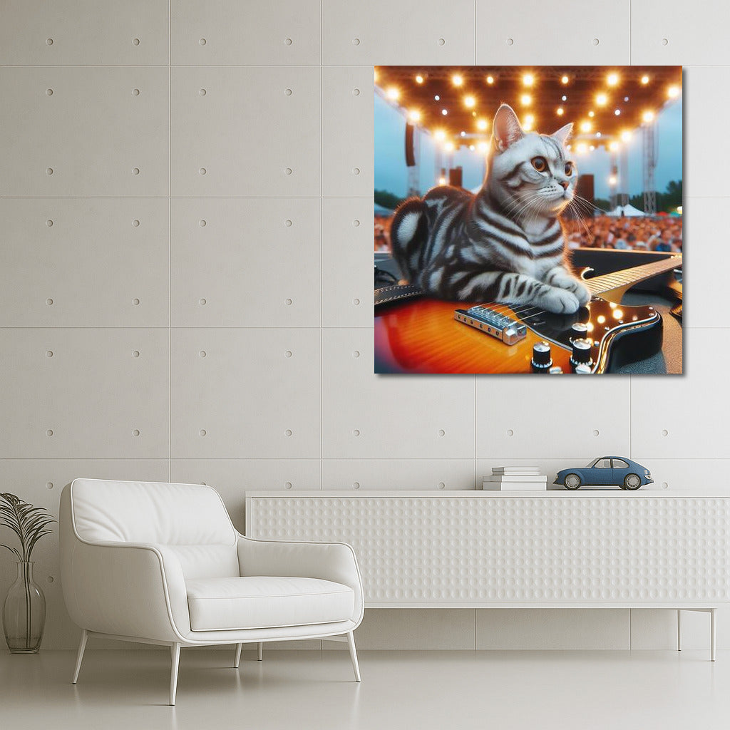Rocker Cat on Stage: Charisma and a Guitar for Your Interior