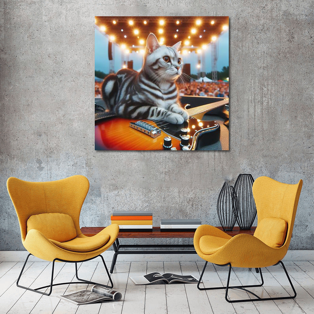 Rocker Cat on Stage: Charisma and a Guitar for Your Interior