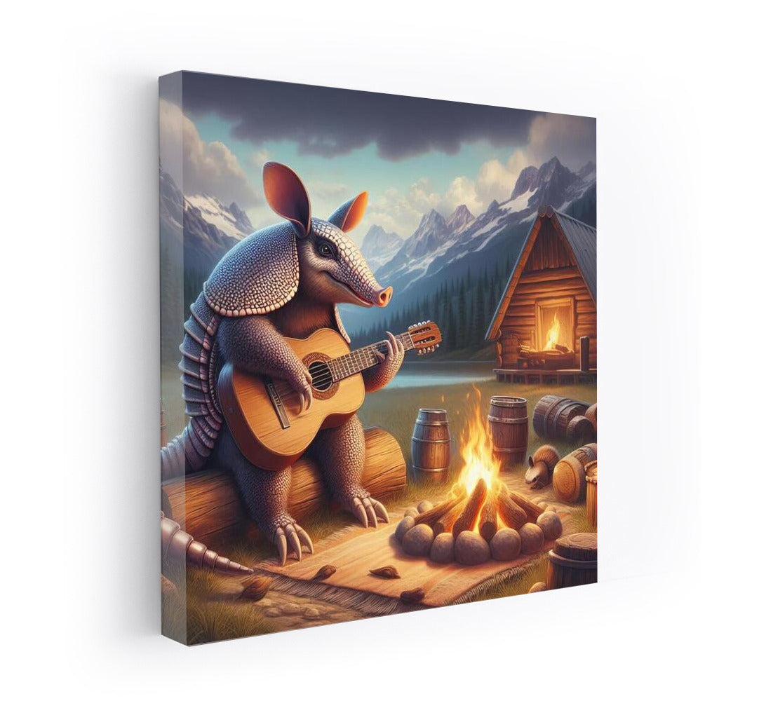 Armadillo-musician by the fire in the mountains: Harmony of nature and warmth
