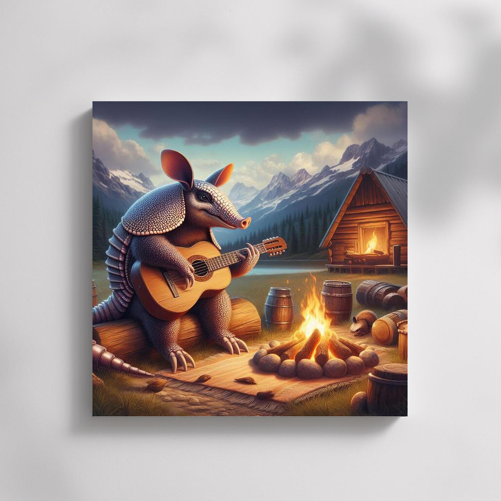 Armadillo-musician by the fire in the mountains: Harmony of nature and warmth