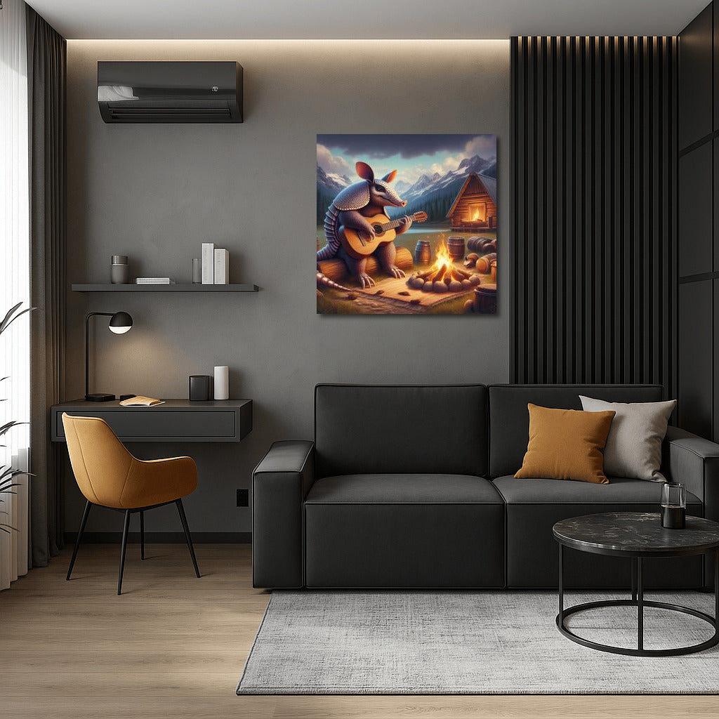 Armadillo-musician by the fire in the mountains: Harmony of nature and warmth