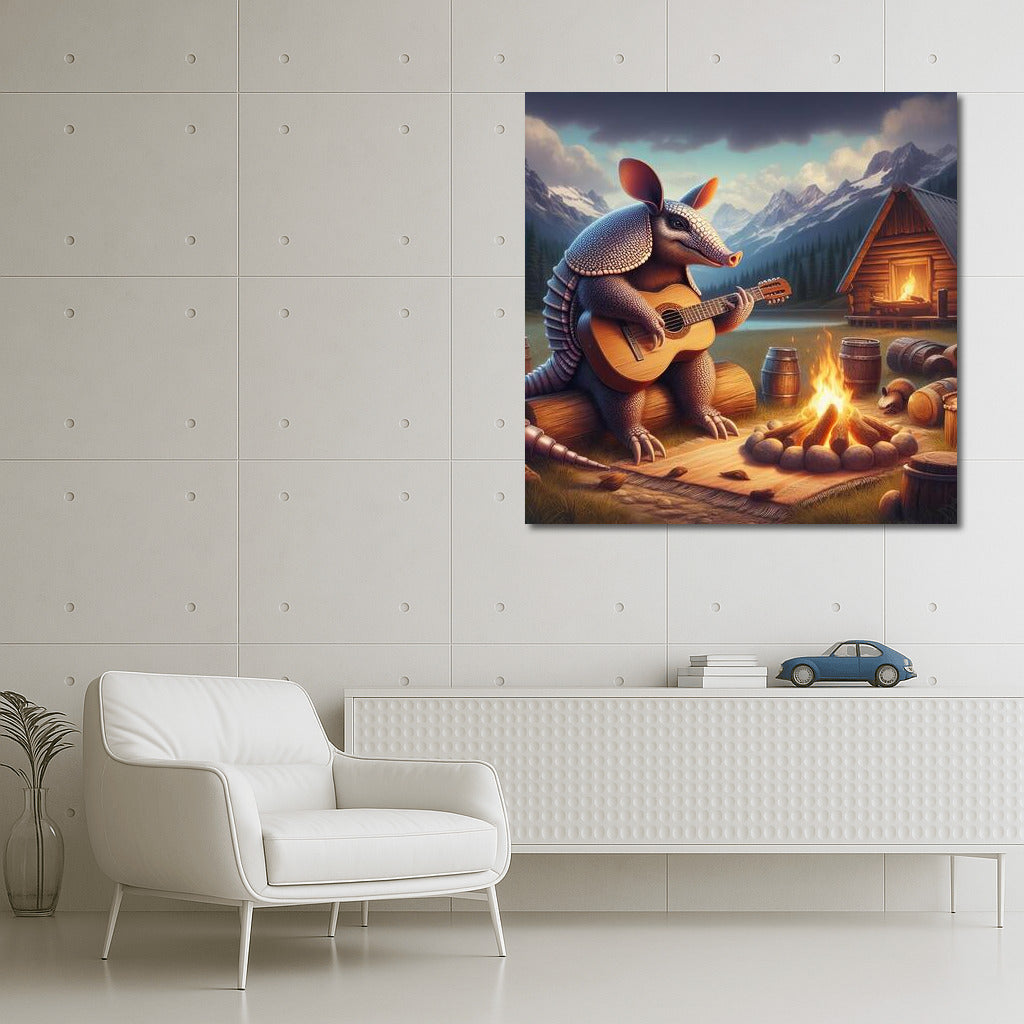 Armadillo-musician by the fire in the mountains: Harmony of nature and warmth