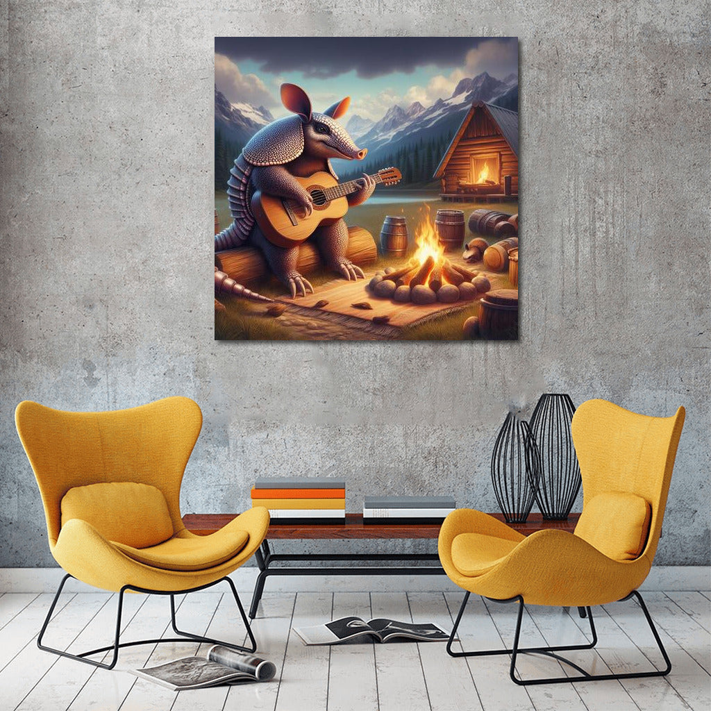 Armadillo-musician by the fire in the mountains: Harmony of nature and warmth